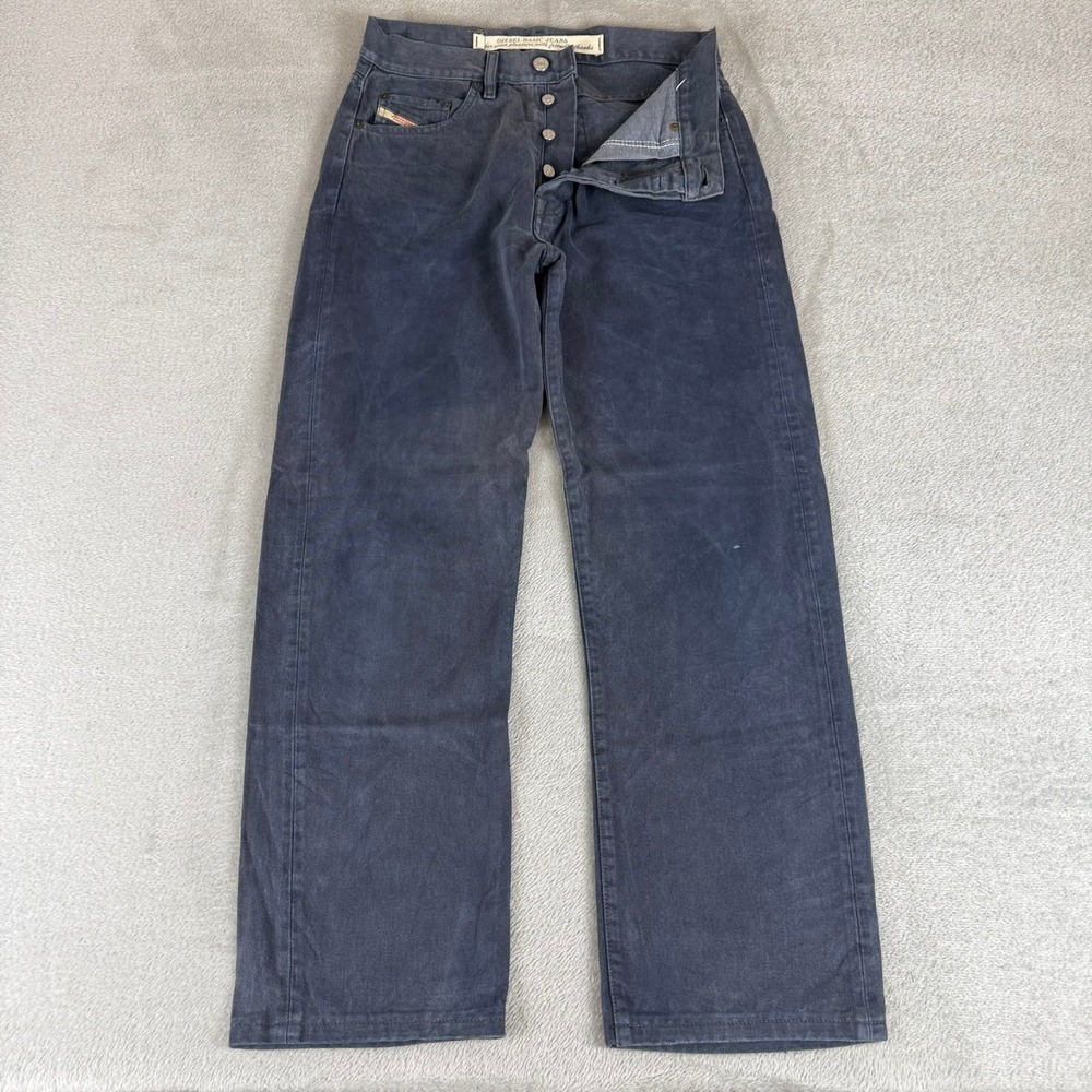Diesel Keetar Straight Jeans Mens 30x28 Navy Blue Distressed Button Fly Italy